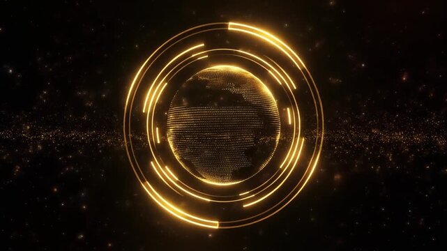 Futuristic Digital Globe with Glowing Golden Orbiting Rings in Deep Cosmic Space, Cinematic Full HD Motion Background for Business Technology