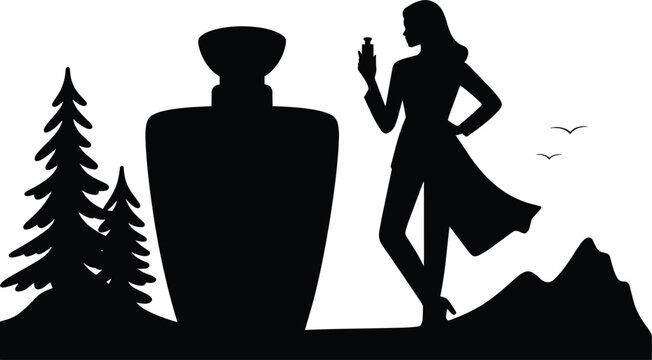Silhouette of woman holding perfume bottle near large trees and mountains and black and white and  illustration in outline style