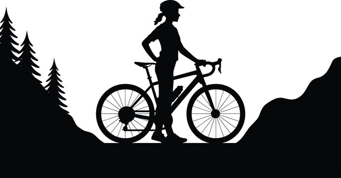 Silhouette of woman with bicycle in outdoors landscape with trees and hills and mountain bike and black and white in outline style