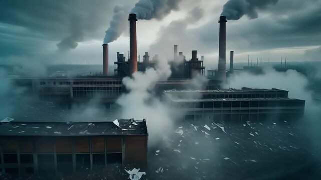 Cinematic Aerial View of an Industrial Factory District with Heavy Smoke Emitting from Smokestacks, Representing Pollution and Global Depression, Full HD Motion Background
