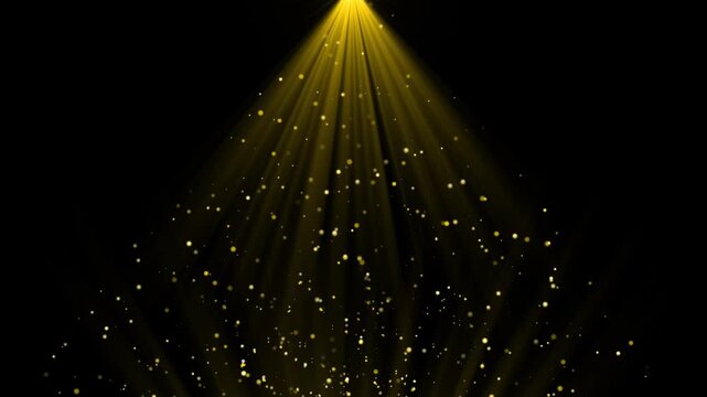 Golden luxury bokeh on particles floating in the air, dust and glitter particles background, loop animation, black background, use blending mode screen, gold particles abstract background.