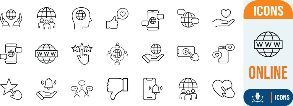 Online communication and engagement icons. globe icon set, smartphone icon set, heart icon set