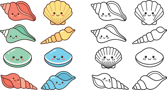 Set of cute cartoon seashell characters in color and black and white outline including scallop clam and conch isolated on white background vector