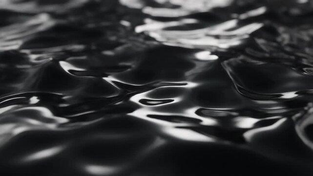 Seamless Loop of Abstract Glossy Black Liquid Forming Slow Waves and Ripples, Dark Oily Fluid Motion Background, Full HD Cinematic Animation