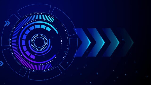 Futuristic hud interface with circular digital elements and chevrons on dark starry background animation