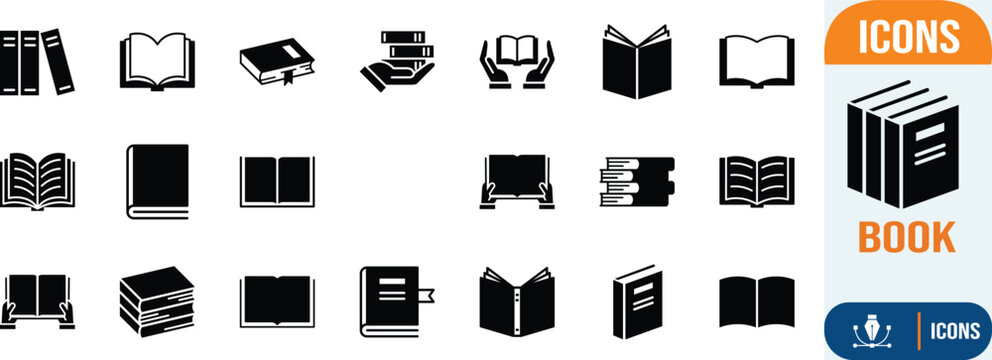 Books learning education knowledge symbol icons. book icon set, open book icon set, stacked books icon set