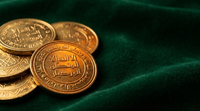 Ancient gold coins with Arabic script shimmering on plush green velvet