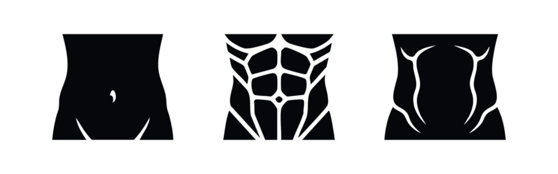 Abdomen and Abs Icons: Flat, Muscular, and Defined Stomach Silhouettes