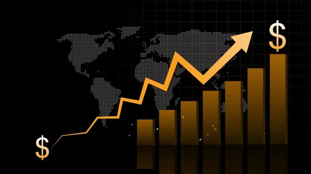 Stylized financial bar chart with rising orange arrow over blue columns animation