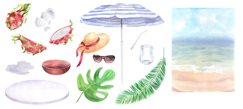 Sea holidays collection. Watercolor illustration of the pitahaya, watercolor spots, straw hat, glasses straw, bowl, glass, sunglasses, beach ambrella, oval, monstera, palm branch and seascape.