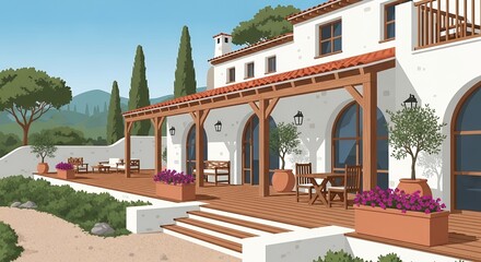 Fototapeta premium Mediterranean Villa Exterior with Wooden Deck Terrace and Scenic Mountain Landscape Illustration