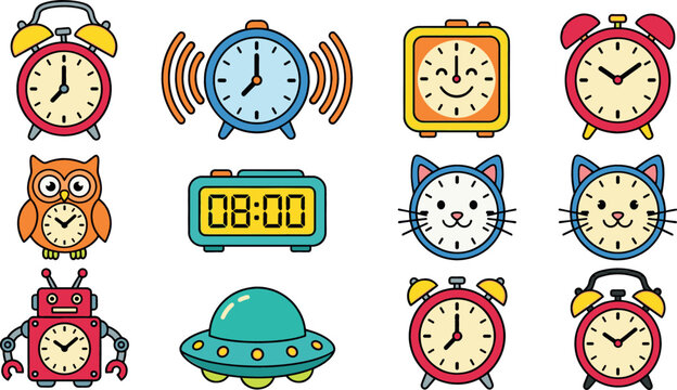 Vector set of cute colorful alarm clocks and kids morning wake up timers including digital clock robot owl cat and ufo characters isolated on white background