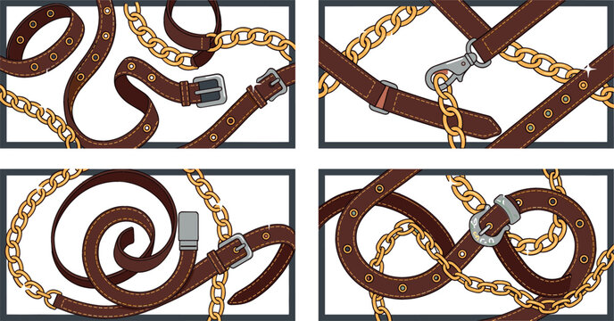 Vector set of fashion horizontal banners featuring luxury leather belts golden chains buckles and straps elements for textile print design isolated on white background