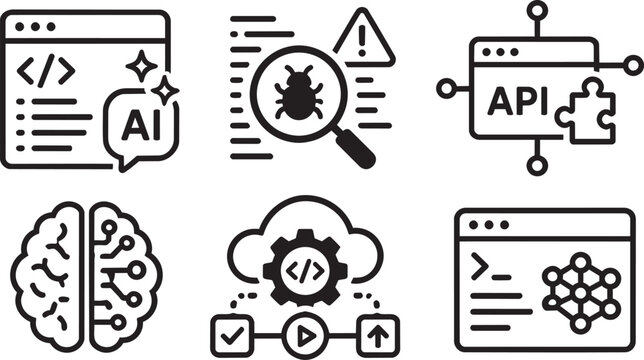 Coding, AI, API, and web development icons, black line style, vector graphics