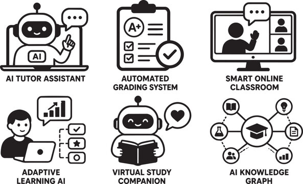 AI education icons, artificial intelligence learning symbols, chatbot tutor graphics, vector illustrations