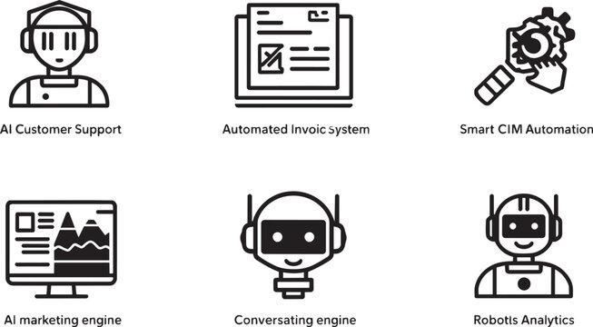 Automation, AI, and robotics icons, business workflow optimization, vector illustrations, black and white