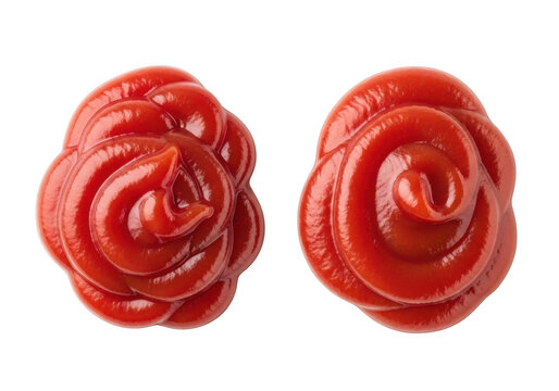 Two swirls of bright red tomato ketchup shaped like roses, isolated against a solid black background, top-down view of condiment