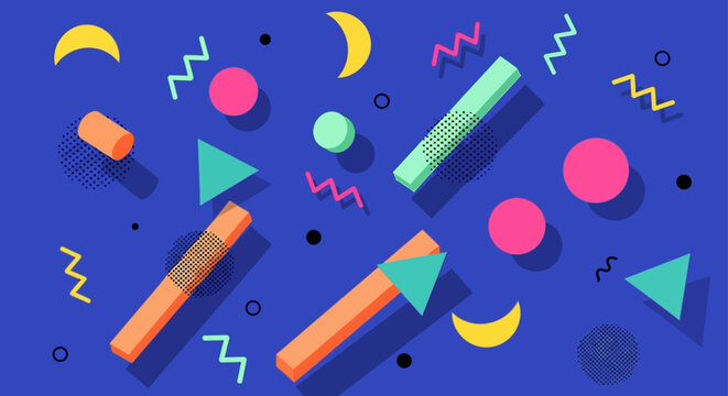 80s geometric shapes background with colorful abstract elements and shadows