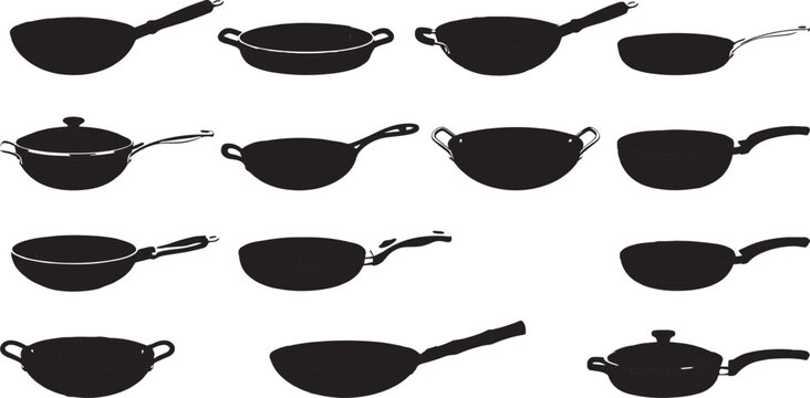 Black silhouette vector icons set containing various kitchen frying pans woks and skillets isolated on white background.