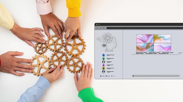Hands from different individuals engage with gears, symbolizing collaboration and creativity, alongside a digital interface showcasing innovative design ideas in a modern workspace. Raster