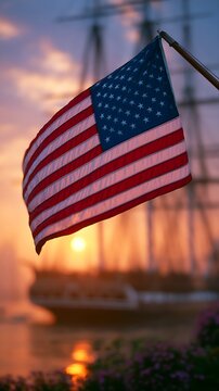 American flag waving at sunset with the USS Constitution silhouette