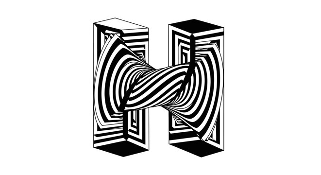Abstract optical illusion black and white 3 d letter h on white background