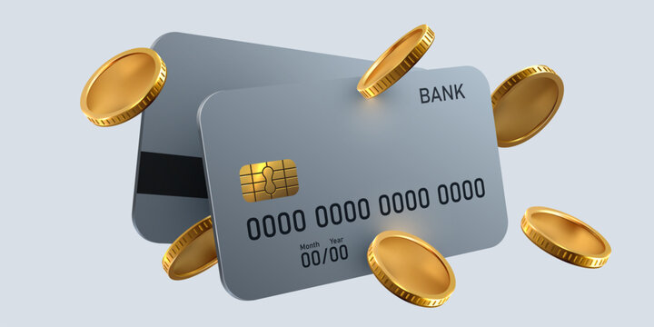 Bank credit cards with floating gold coins. Financial payment concept for shopping and banking. Vector illustration