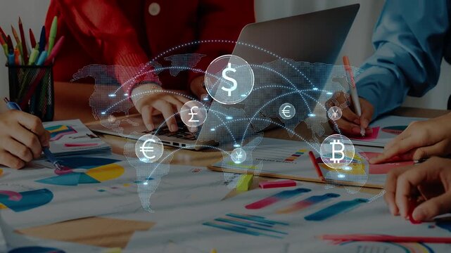 A group of professionals collaborate in a modern office, analyzing financial data on a laptop with various global currency symbols visualized around them, symbolizing connection. Raster