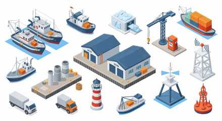 Isometric Illustration of Various Boats, Buildings, and Harbor Elements. © Fahri