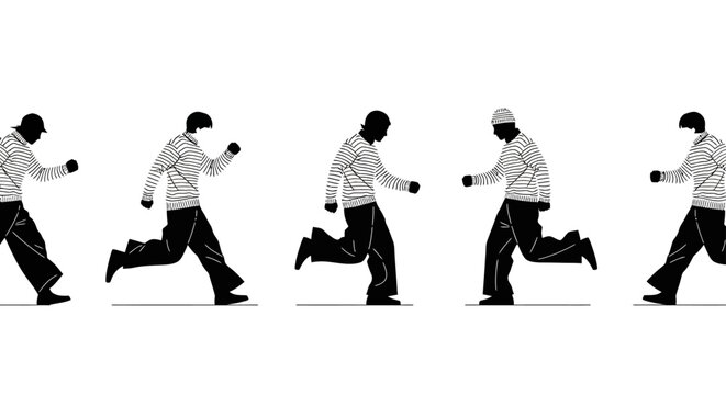 five men in striped shirts running in sequence illustrative style black and white