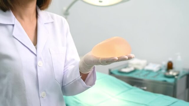 Surgeon holding silicone breast implant in clinic. Plastic surgery medical consultation. Female doctor demonstrating mammaplasty prosthesis