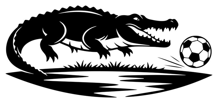 alligator chasing soccer ball on grassy riverbank in black and white silhouette style
