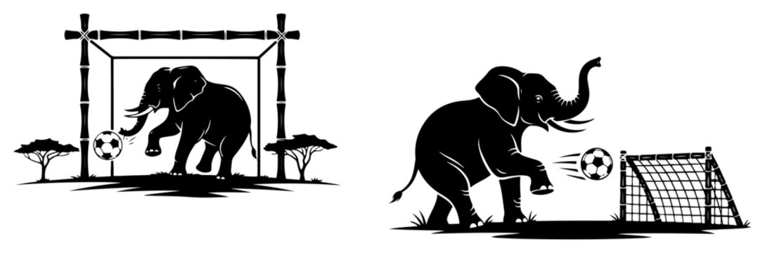 Elephants playing soccer and kicking a ball toward a goal stencil vector style