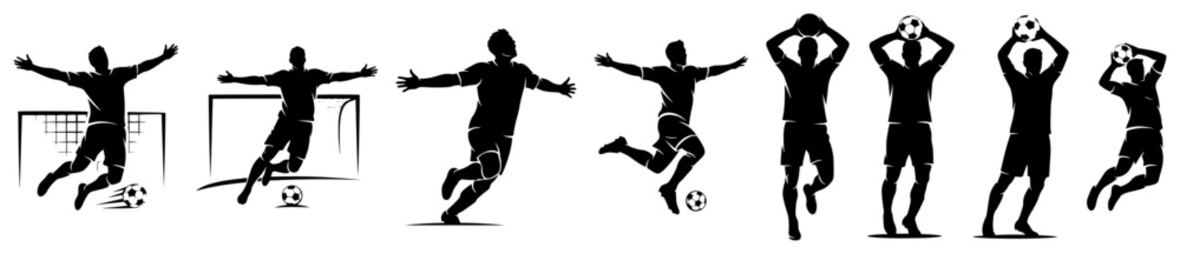soccer players celebrating goals and making throw-ins sequence in black and white silhouette style