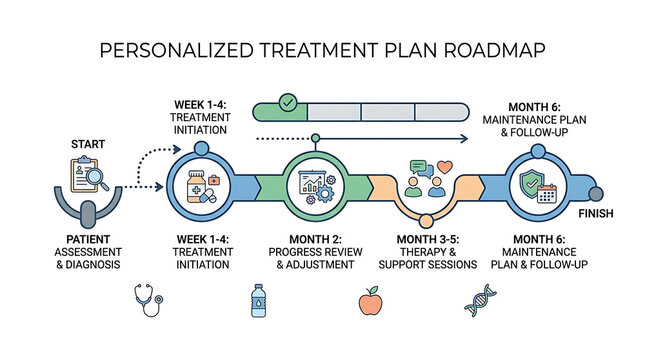 Personalized treatment plan roadmap, healthcare process infographic, medical flowchart template, wellness program stages