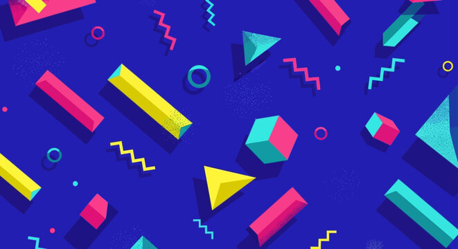 retro abstract geometric shapes in vibrant colors on a blue background 80s style