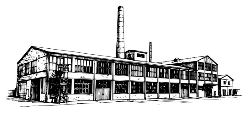 old factory building with tall brick smokestack in hand drawn ink sketch style