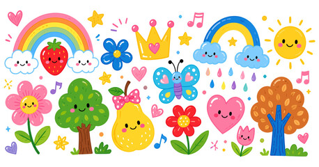Obraz premium Cute kawaii doodle collection with happy sun rainbow strawberry pear flowers butterfly and hearts