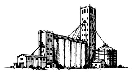 large grain elevator facility with industrial storage silos in hand drawn ink sketch style © Cristiano