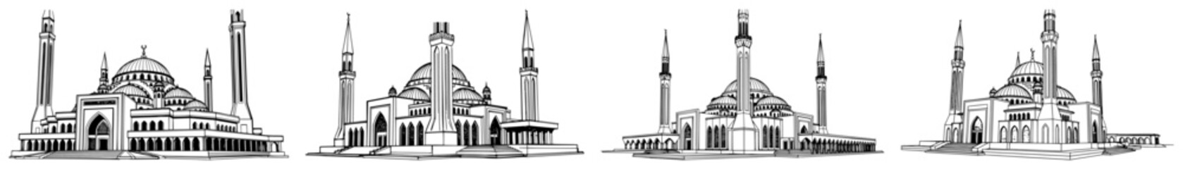 Islamic mosques with central domes and tall minarets hand drawn architectural line art style © Cristiano