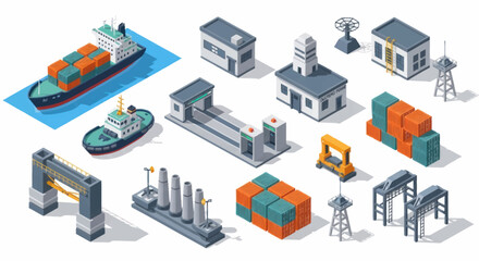Fototapeta premium Isometric Illustration of Various Buildings and Transportation Elements.