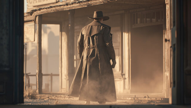 Rear view of a cowboy in a long duster coat walking through a dusty wild west town