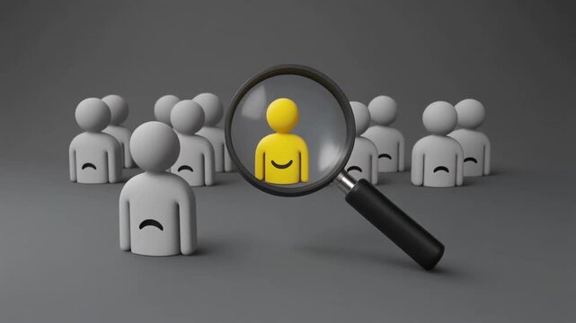Magnifying glass highlights smiling figure, individuality shines bright among gray crowd of sadness.