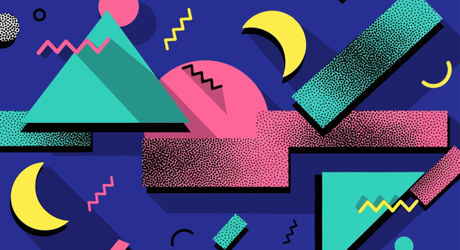 1980s retro geometric abstract background with Memphis style shapes and patterns