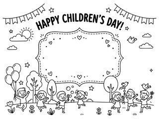 Obraz premium A fun black and white coloring book illustration for Happy Children's Day featuring happy kids playing outdoors with a blank frame for personalized messages.
