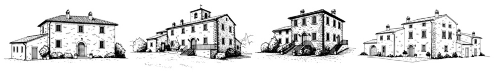 Tuscan stone villas and rustic country houses hand drawn architectural sketch style © Cristiano