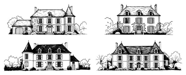 French country manors and historic chateau estates hand drawn architectural sketch style © Cristiano