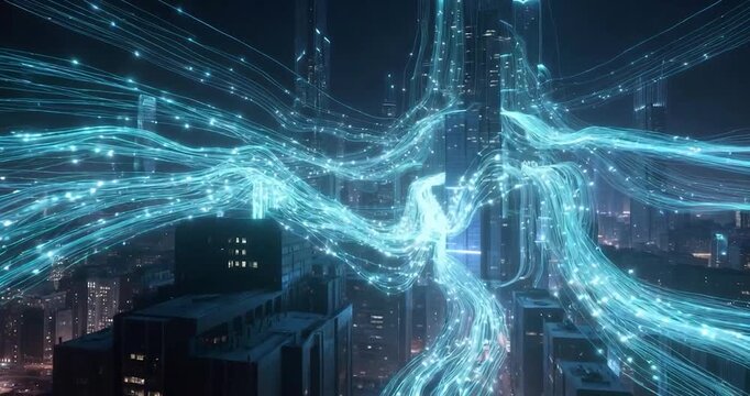 Futuristic city data stream digital network cyber technology neon light smart city night skyline with glowing data flow over skyscraper cityscape connectivity, luminous lines flowing through