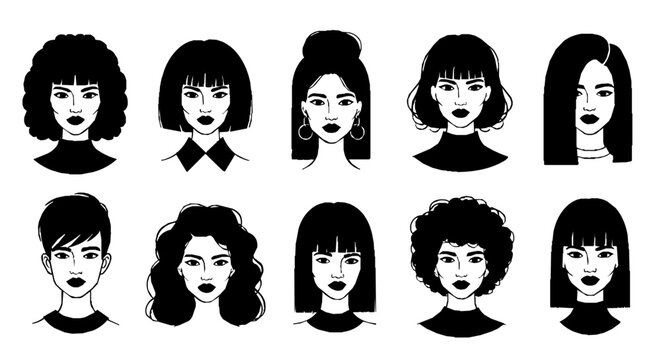 diverse women portraits showcasing various hairstyles and beauty hand drawn vector illustrations for concepts of individuality and female empowerment
