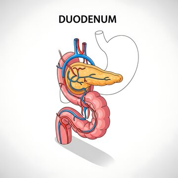 Medical diagram of the human duodenum anatomy.